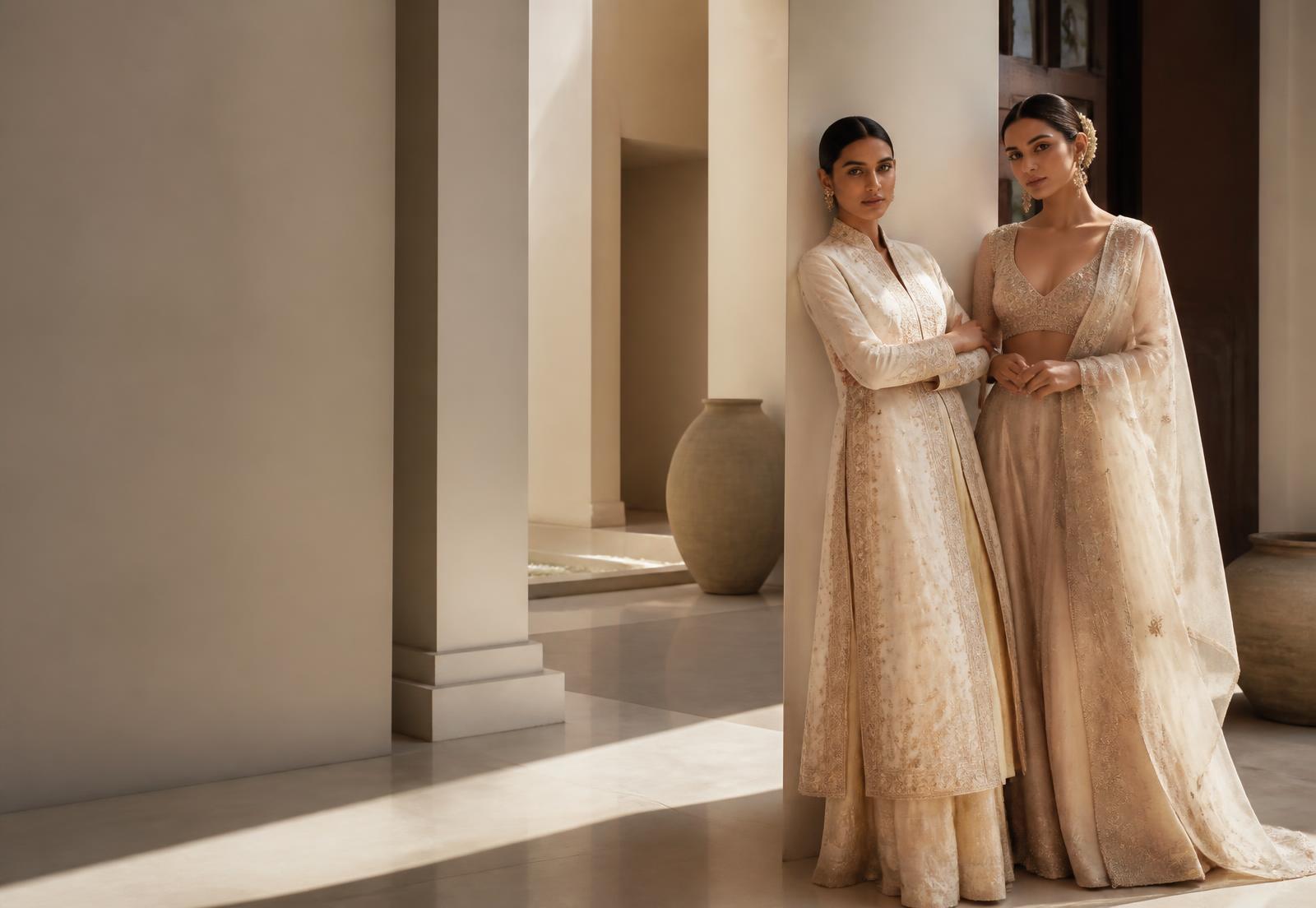 Two women in ivory Ghazi Attire ensembles in a sunlit atrium