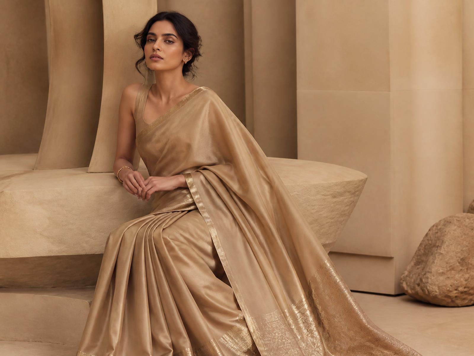 Gold tissue saree on sculptural stone